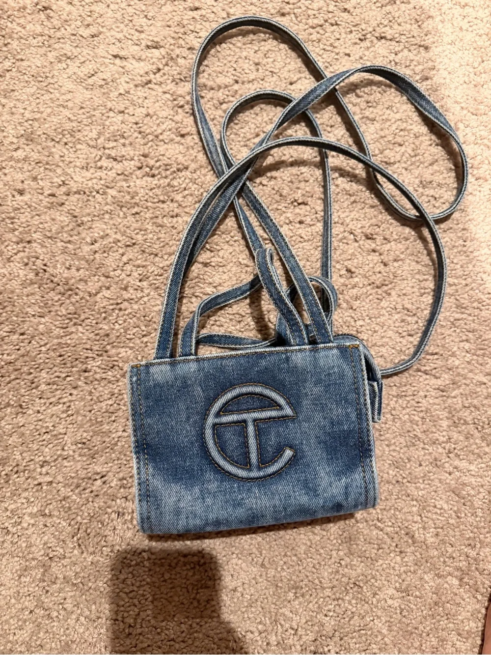 Telfar Blue Denim Mini Shoulder Bag with Embroidered Logo